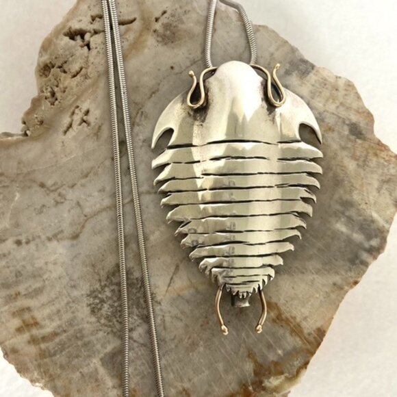 Sterling Silver 925 14K Yellow Gold Manta Ray Trilobite Pendant Necklace 25" - Picture 3 of 16